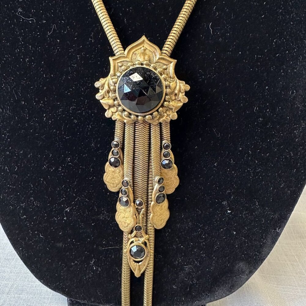 Vintage Jack Smile Egyptian Revival Art Deco Style Brass Bolo Necklace